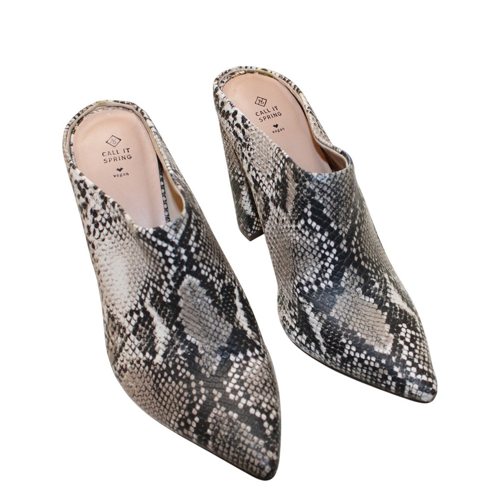 Call It Spring Snakeskin Mules‎ Women 8.5 Grey Vegan Block Heel Pointed Toe